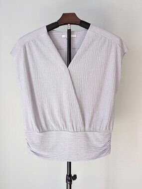 Chico's Shimmer Surplice Top Glitter Cap Sleeve Banded Ruched Waist Silver Grey